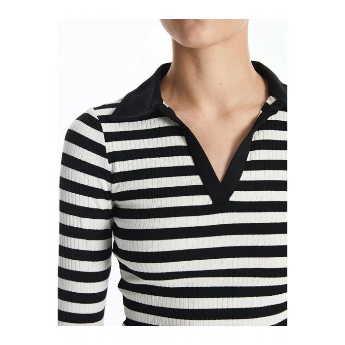 Lw - Polo Yaka Çizgili Uzun Kollu Kadın Tişört