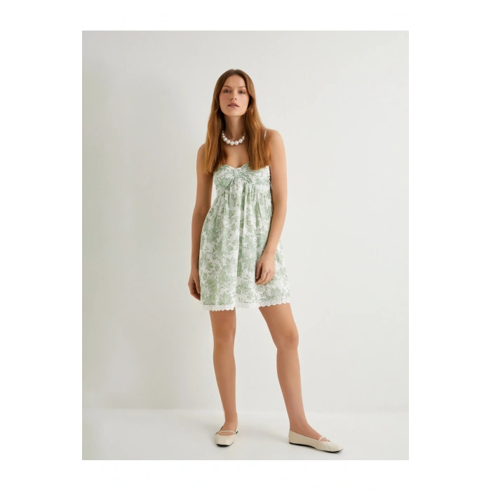 Mini Fisto Elbise Çiçekli İnce Askılı Pamuklu