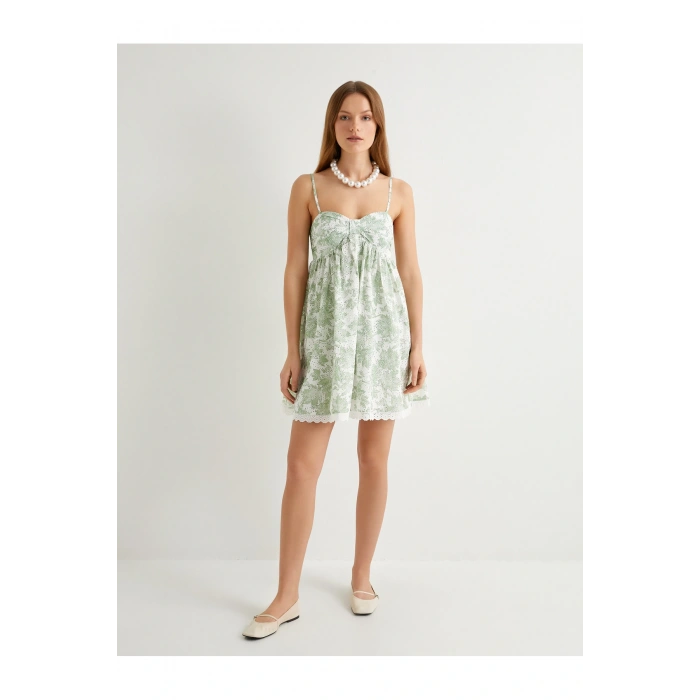 Mini Fisto Elbise Çiçekli İnce Askılı Pamuklu