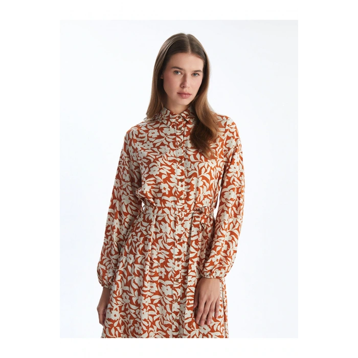 Modest Ekru Çiçekli Kadın Gömlek Elbise