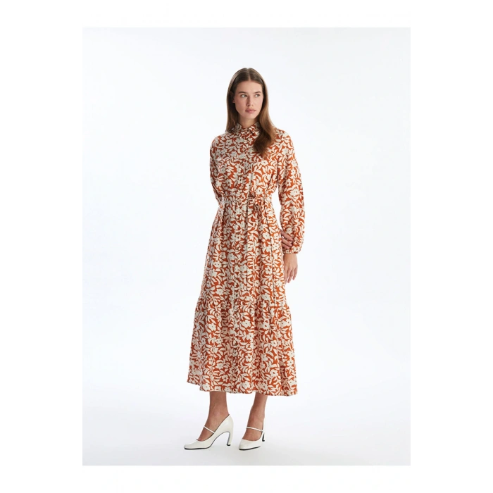 Modest Ekru Çiçekli Kadın Gömlek Elbise