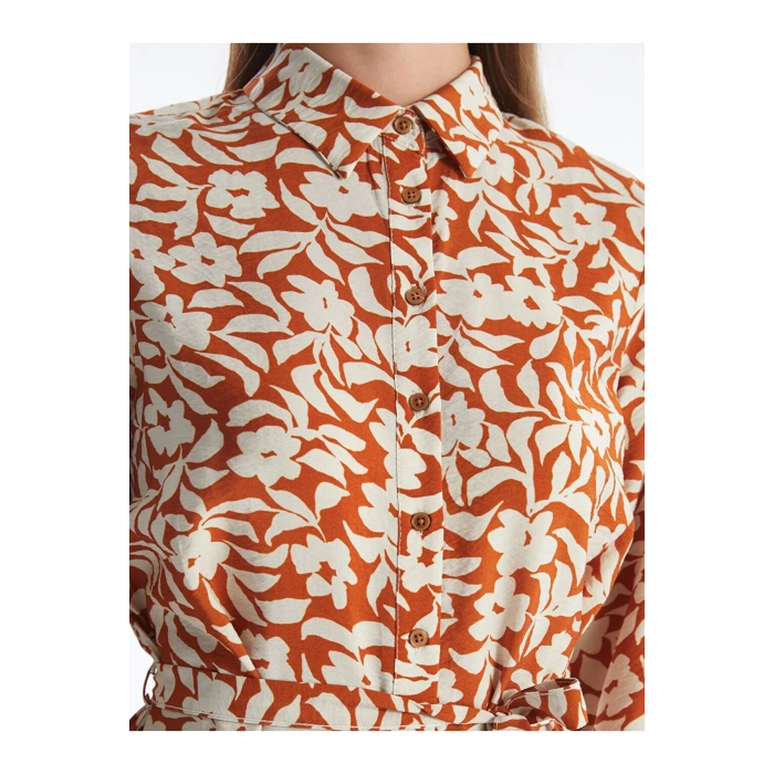 Modest Ekru Çiçekli Kadın Gömlek Elbise