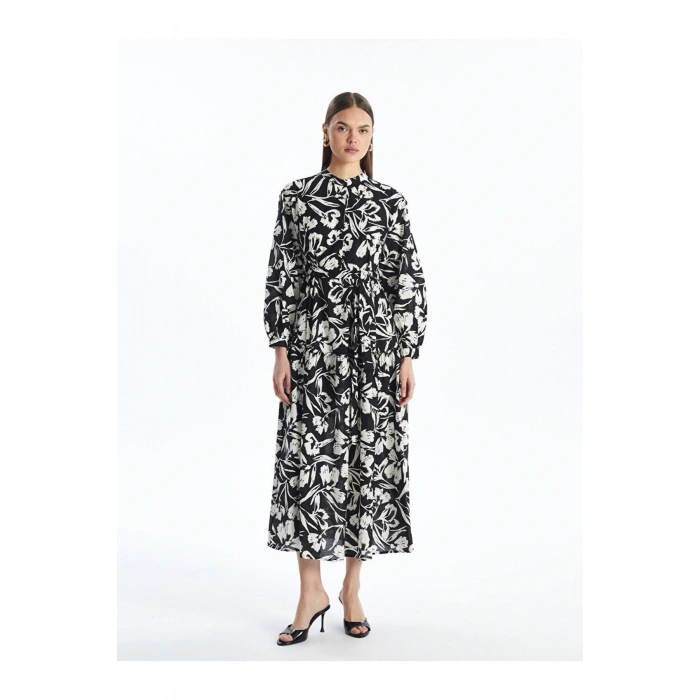 Modest Siyah Hakim Yaka Çiçekli Kadın Elbise