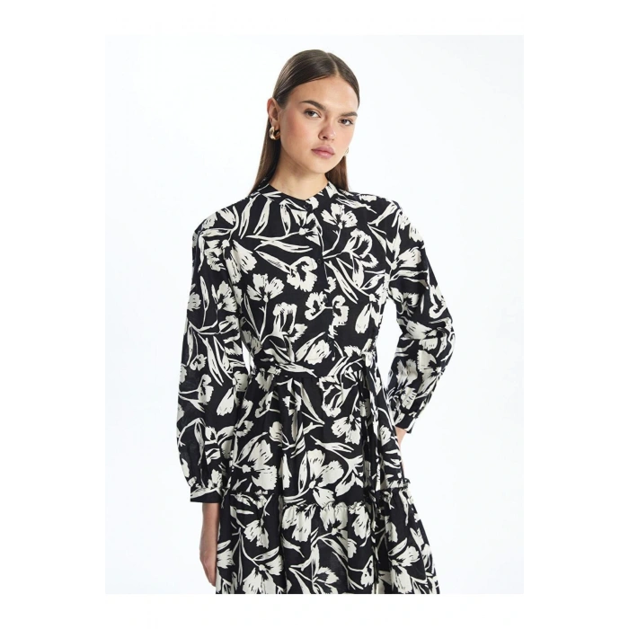 Modest Siyah Hakim Yaka Çiçekli Kadın Elbise