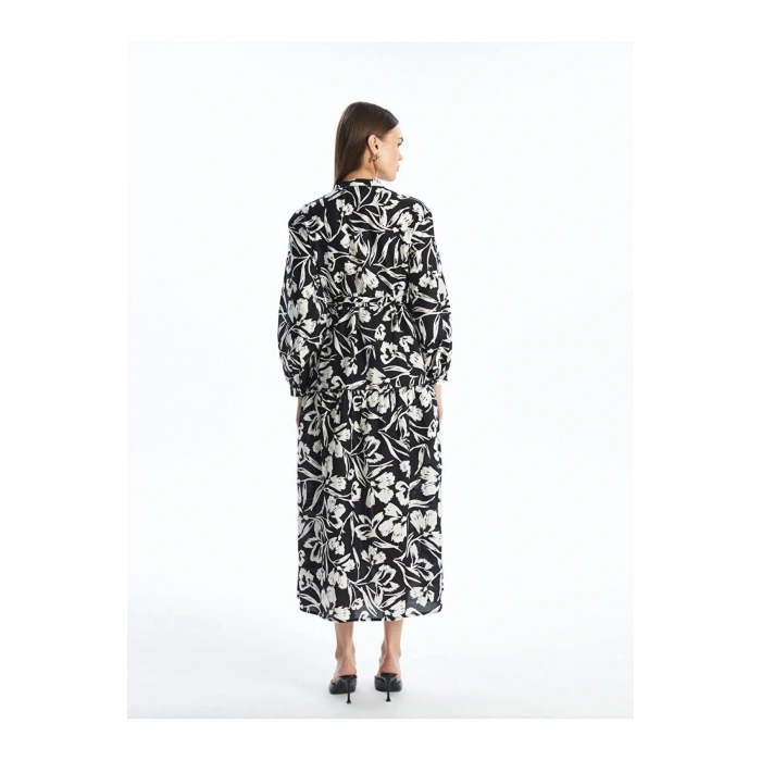 Modest Siyah Hakim Yaka Çiçekli Kadın Elbise