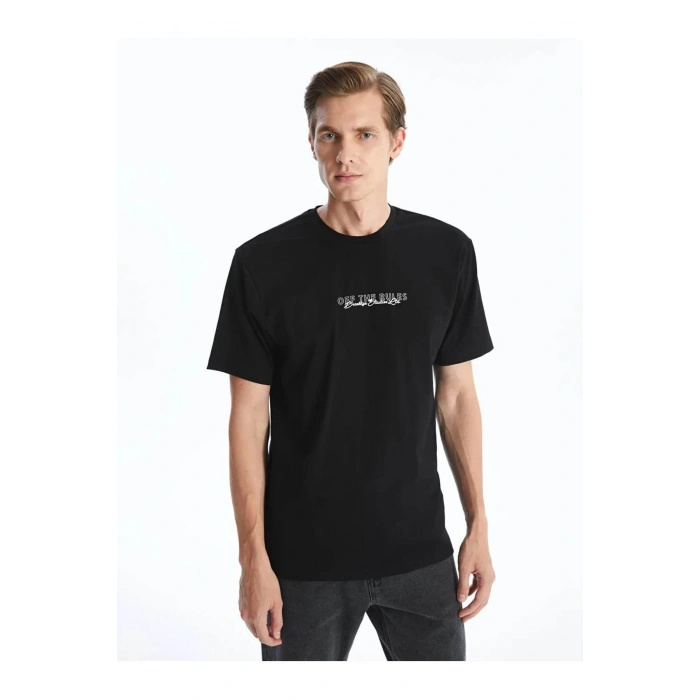 Natuvera Siyah Bisiklet Yaka Kısa Kollu Baskılı Penye Erkek Tişört