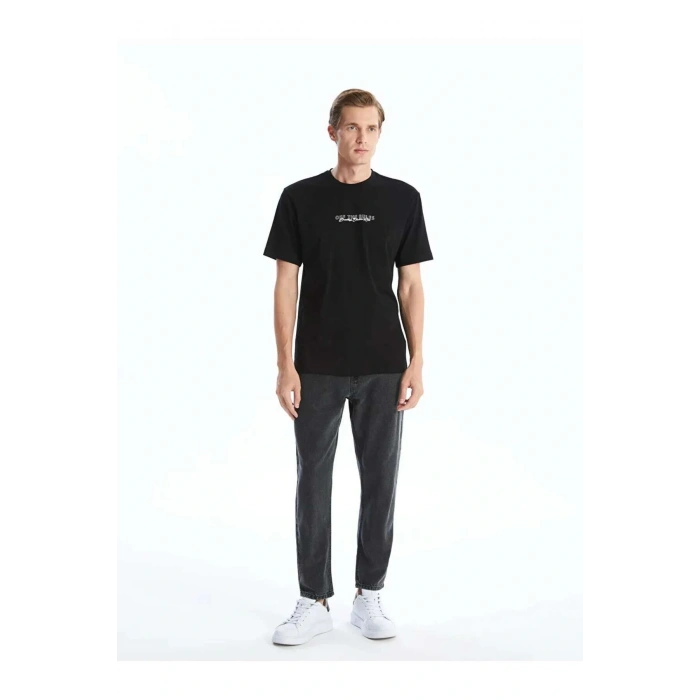 Natuvera Siyah Bisiklet Yaka Kısa Kollu Baskılı Penye Erkek Tişört