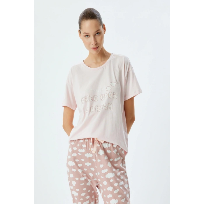 Örgü Pijama Takımı Bulut Baskılı Pamuklu Rahat Kalıp