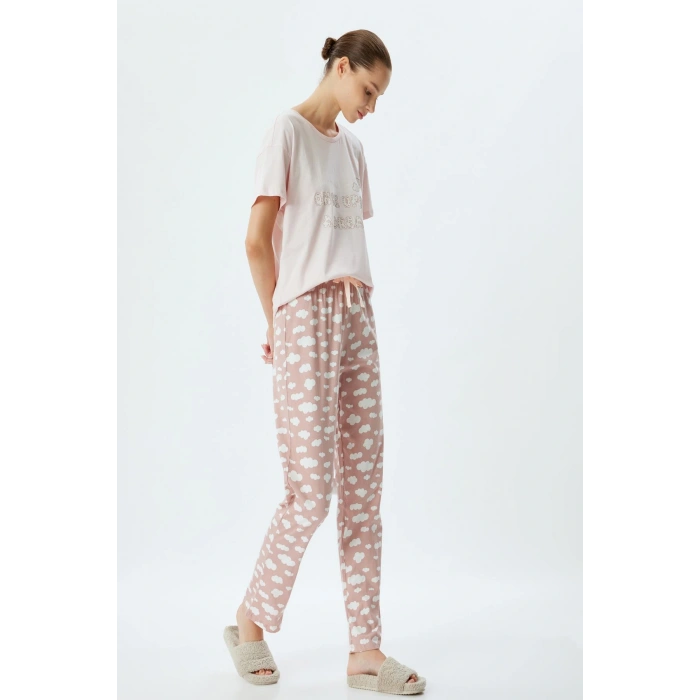 Örgü Pijama Takımı Bulut Baskılı Pamuklu Rahat Kalıp