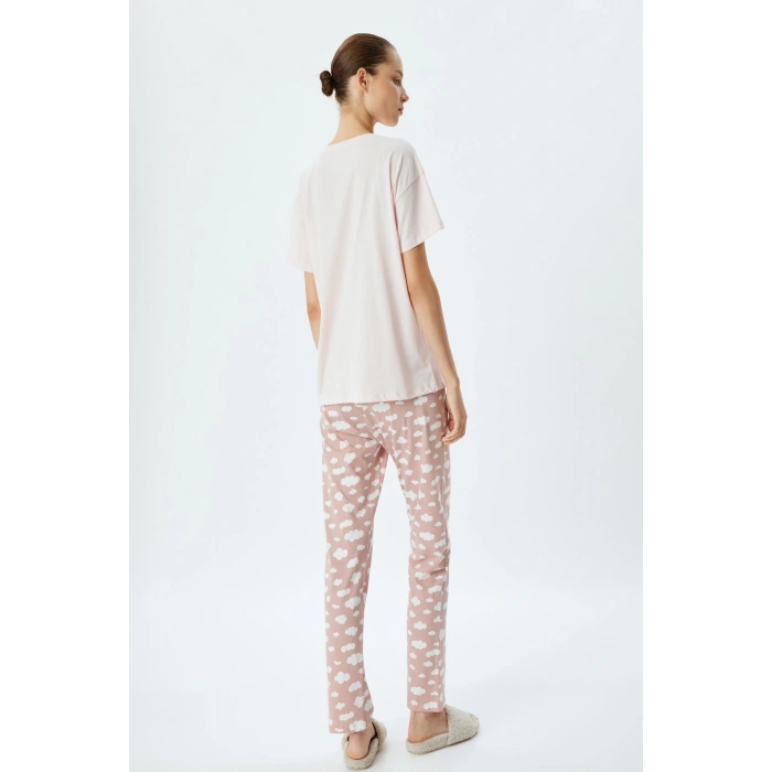 Örgü Pijama Takımı Bulut Baskılı Pamuklu Rahat Kalıp
