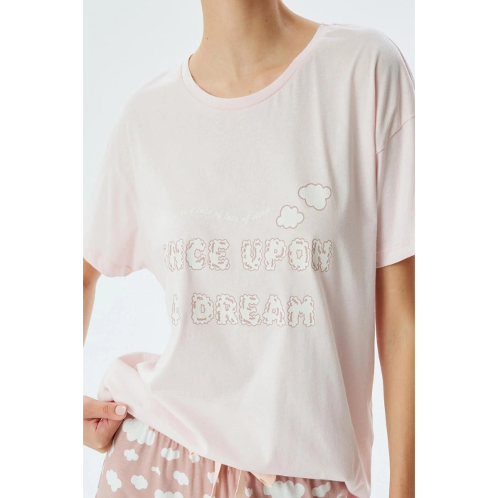 Örgü Pijama Takımı Bulut Baskılı Pamuklu Rahat Kalıp