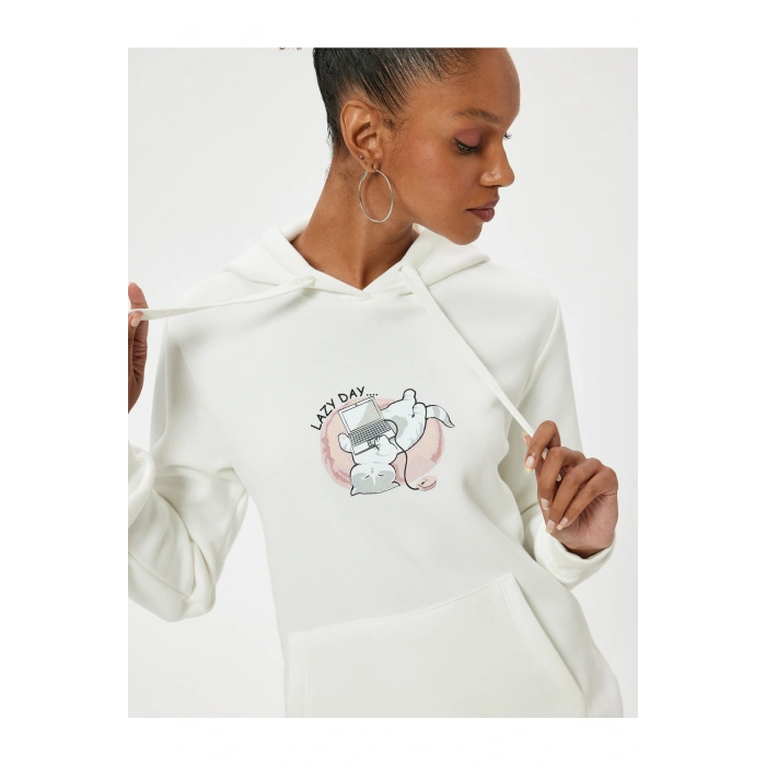 Oversize Kapüşonlu Sweatshirt Kanguru Cep Detaylı Baskılı Şardonlu