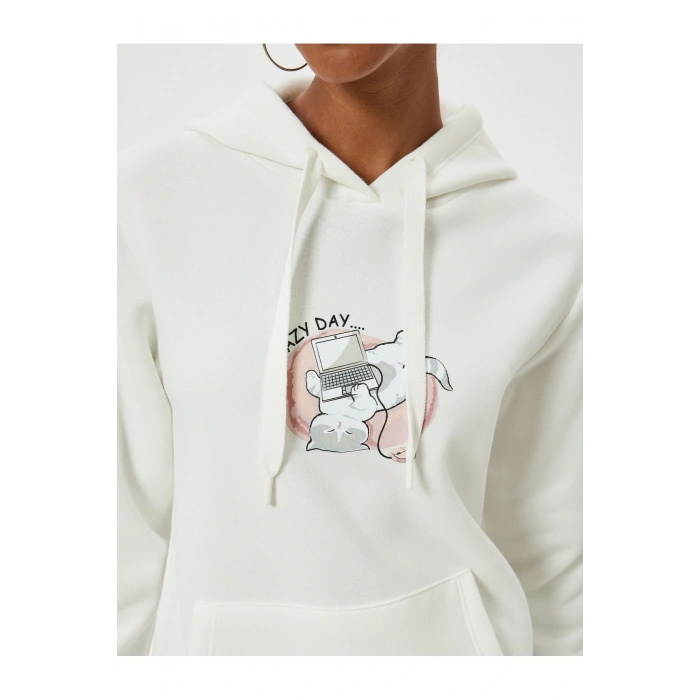 Oversize Kapüşonlu Sweatshirt Kanguru Cep Detaylı Baskılı Şardonlu