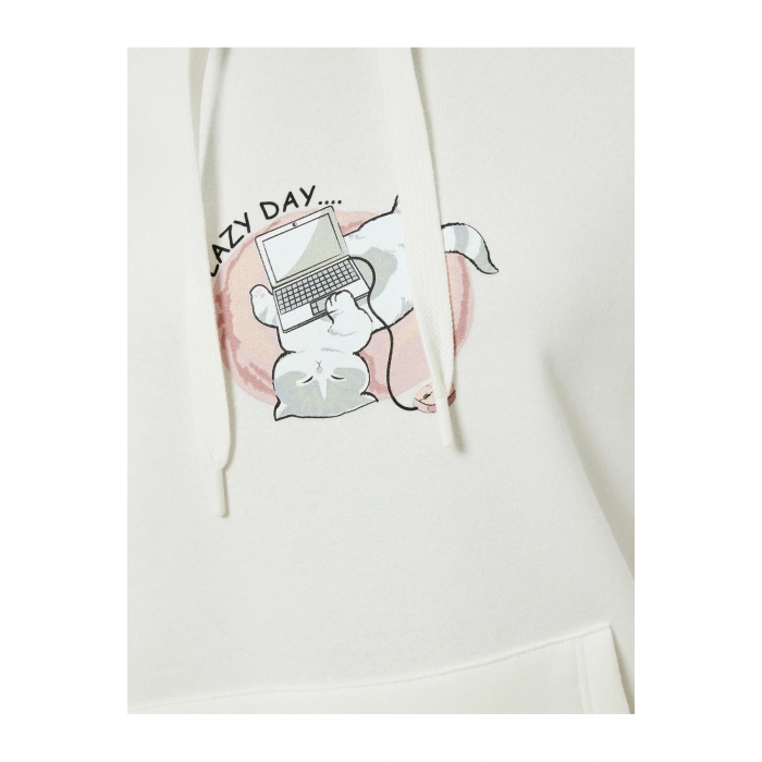 Oversize Kapüşonlu Sweatshirt Kanguru Cep Detaylı Baskılı Şardonlu