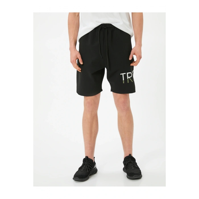 Oversize Spor Şort Slogan Baskılı Beli Bağcıklı Cepli Çelikli İnterlok Kumaş