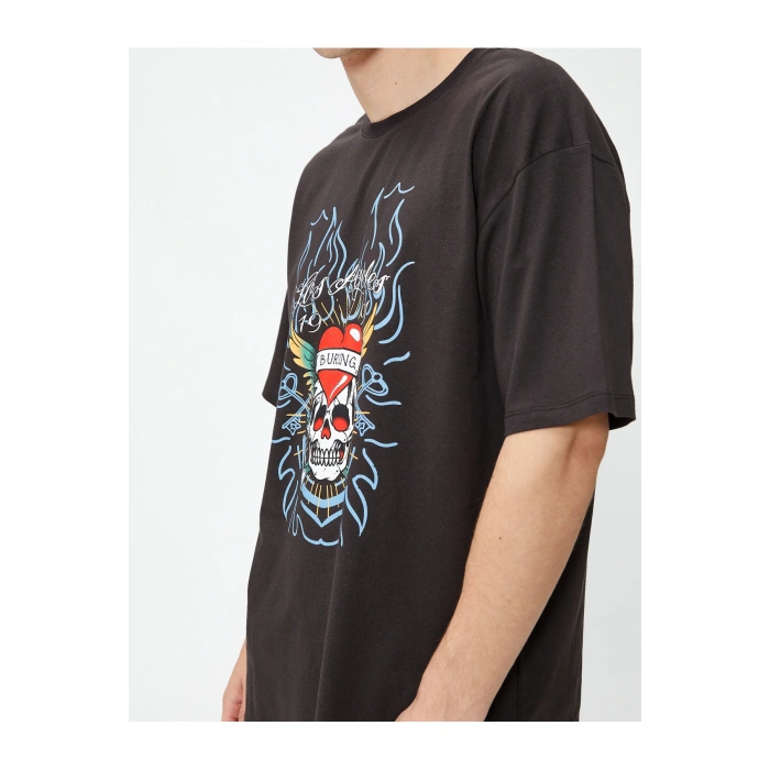 Oversize Tişört Kuru Kafa Baskılı Bisiklet Yaka Pamuklu