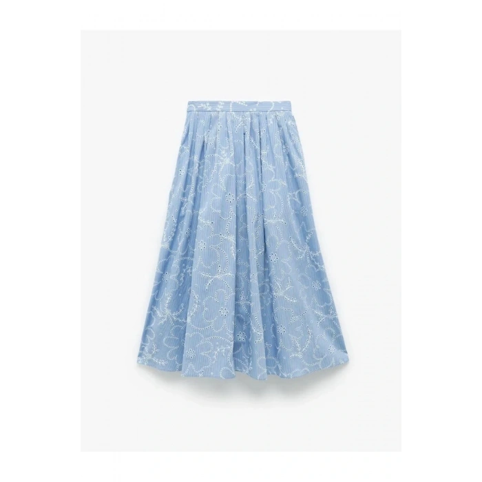 Pamuklu Astarlı Brodeli Pileli Fisto Uzun Çiçekli Kloş Etek