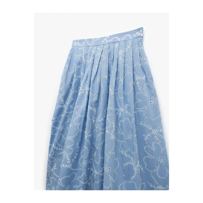 Pamuklu Astarlı Brodeli Pileli Fisto Uzun Çiçekli Kloş Etek