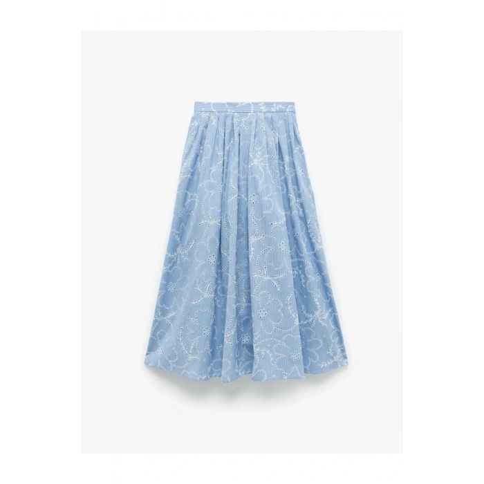 Pamuklu Astarlı Brodeli Pileli Fisto Uzun Çiçekli Kloş Etek