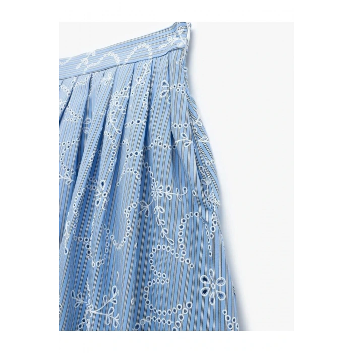 Pamuklu Astarlı Brodeli Pileli Fisto Uzun Çiçekli Kloş Etek