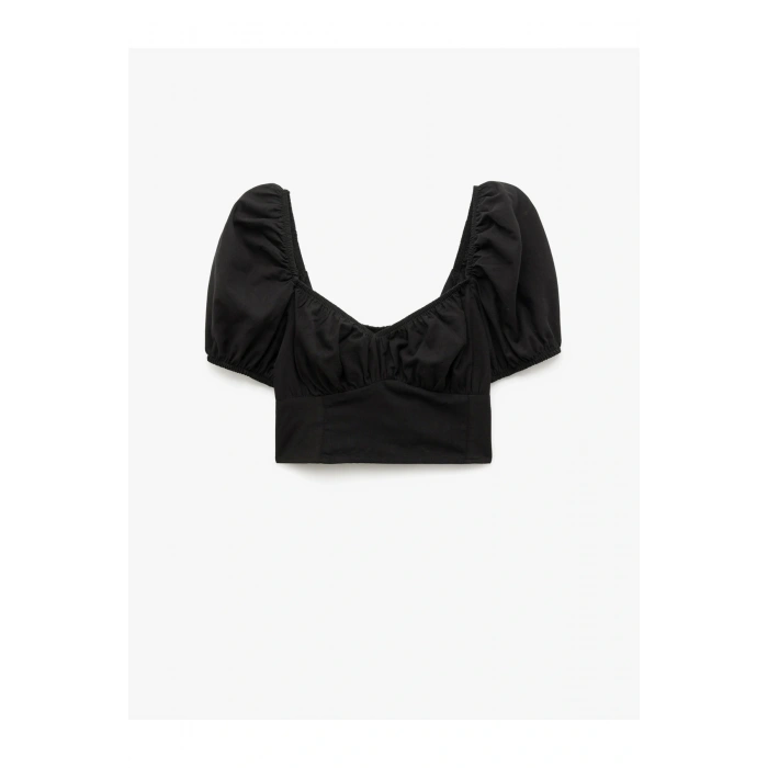 Pamuklu Kare Yaka Kısa Balon Kol Crop Bluz