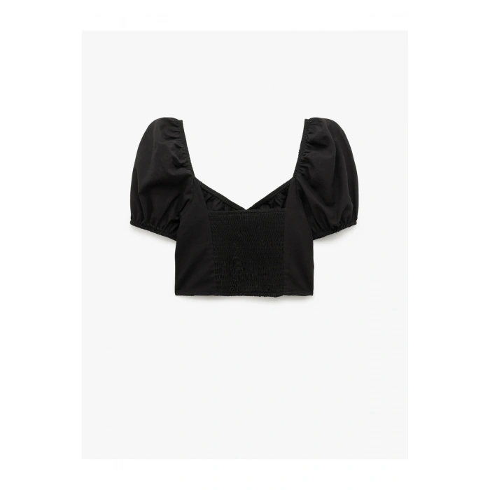 Pamuklu Kare Yaka Kısa Balon Kol Crop Bluz