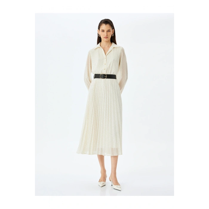 Pileli Uzun Kollu Puantiyeli Midi Gömlek Elbise