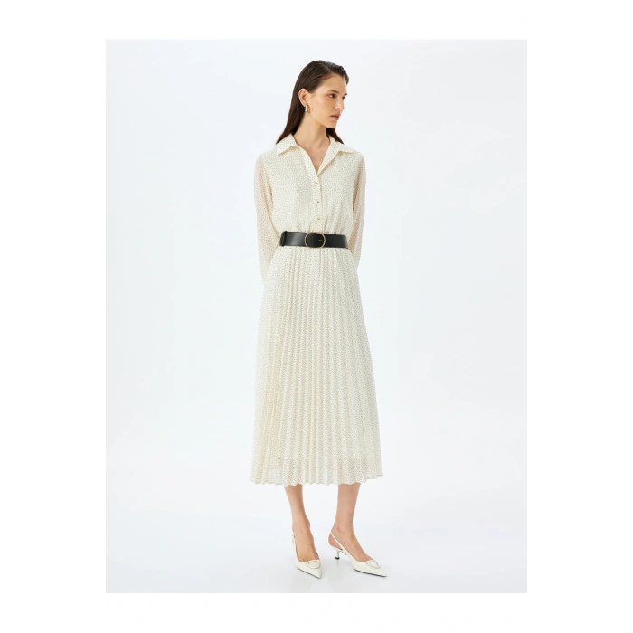 Pileli Uzun Kollu Puantiyeli Midi Gömlek Elbise