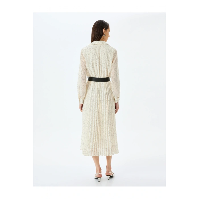 Pileli Uzun Kollu Puantiyeli Midi Gömlek Elbise