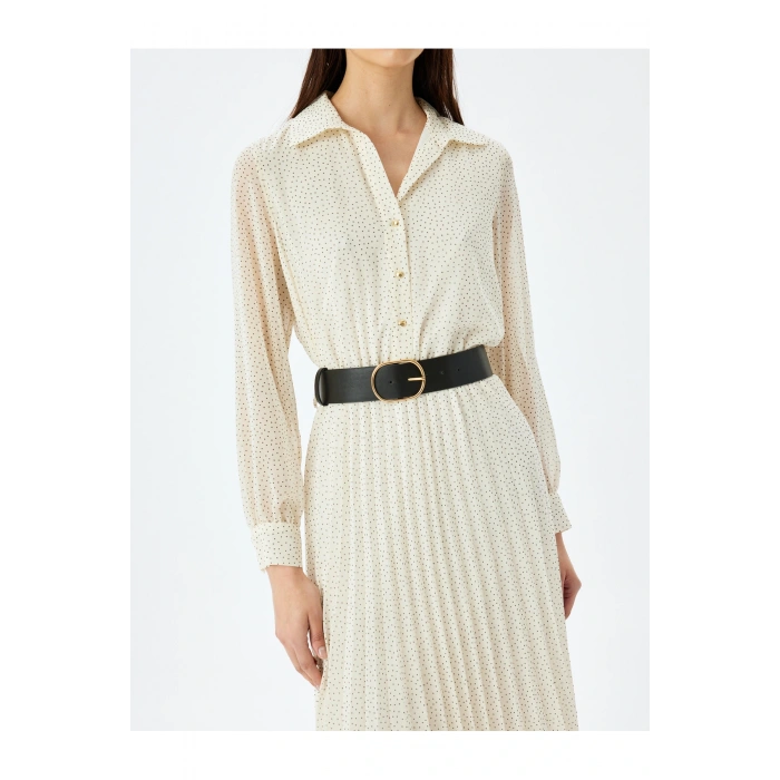 Pileli Uzun Kollu Puantiyeli Midi Gömlek Elbise