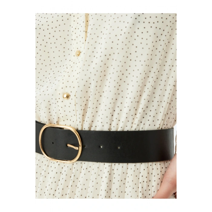 Pileli Uzun Kollu Puantiyeli Midi Gömlek Elbise