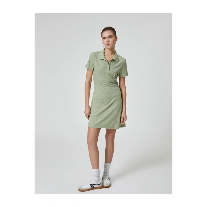 Polo Yaka Mini Elbise A Kesim Kısa Kollu Ribanalı