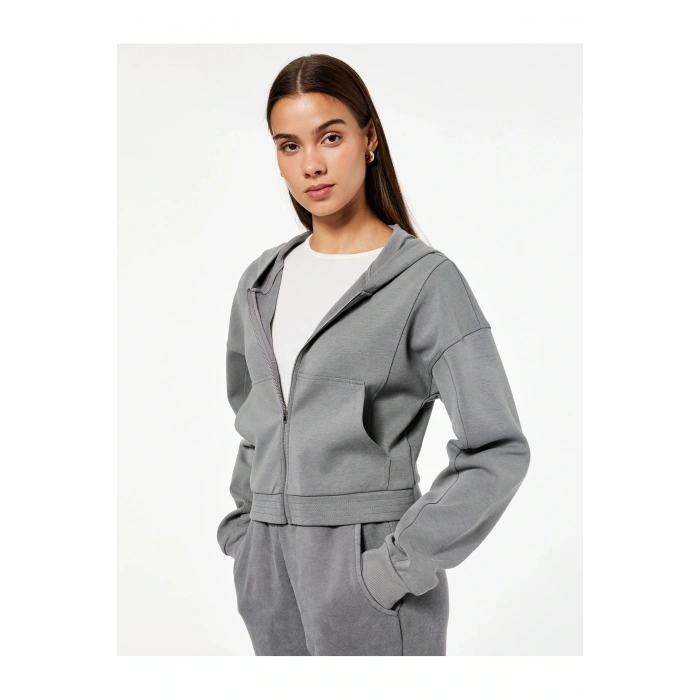 Rahat Kalıp Kanguru Cepli Fermuarlı Yıkamalı Kapüşonlu Crop Sweatshirt