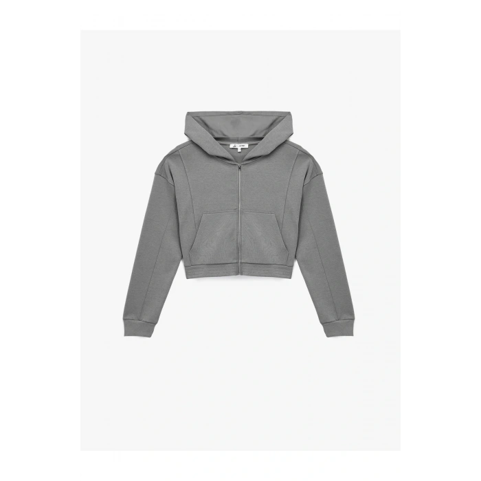 Rahat Kalıp Kanguru Cepli Fermuarlı Yıkamalı Kapüşonlu Crop Sweatshirt