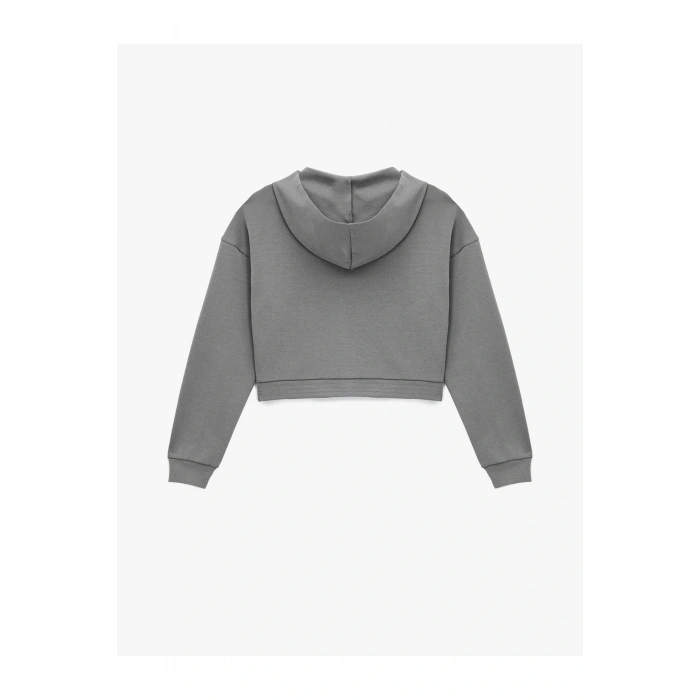 Rahat Kalıp Kanguru Cepli Fermuarlı Yıkamalı Kapüşonlu Crop Sweatshirt