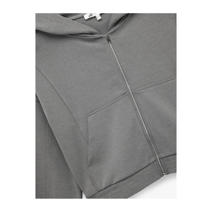 Rahat Kalıp Kanguru Cepli Fermuarlı Yıkamalı Kapüşonlu Crop Sweatshirt