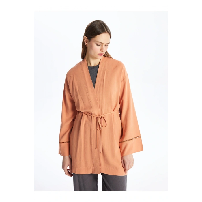 Şal Yaka Düz Uzun Kollu Keten Karışımlı Oversize Kadın Kimono