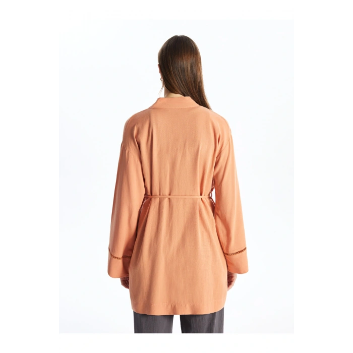 Şal Yaka Düz Uzun Kollu Keten Karışımlı Oversize Kadın Kimono