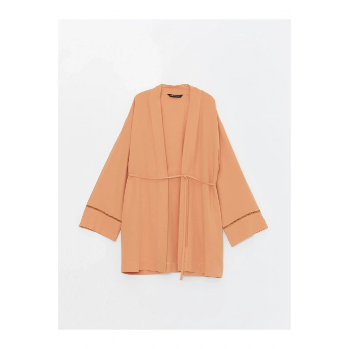 Şal Yaka Düz Uzun Kollu Keten Karışımlı Oversize Kadın Kimono