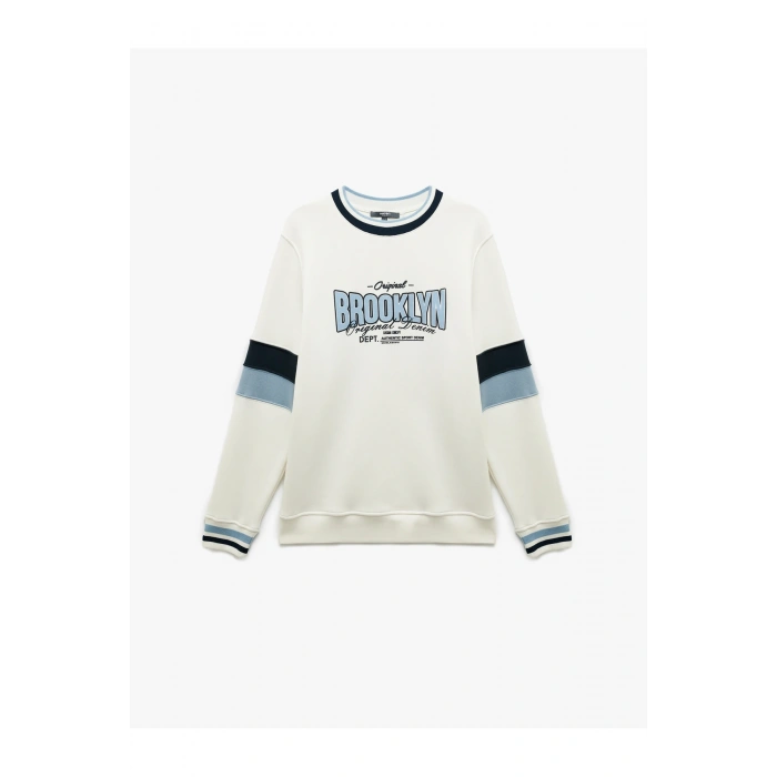 Şardonlu Uzun Kollu Bisiklet Yaka Renk Bloklu Kolej Baskılı Sweatshirt