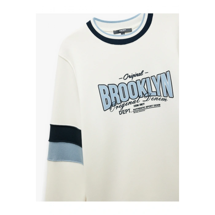 Şardonlu Uzun Kollu Bisiklet Yaka Renk Bloklu Kolej Baskılı Sweatshirt