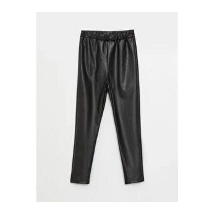 Siyah Beli Lastikli Deri Görünümlü Kız Çocuk Pantolon