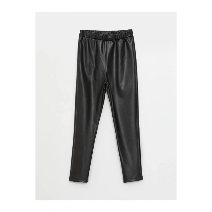 Siyah Beli Lastikli Deri Görünümlü Kız Çocuk Pantolon