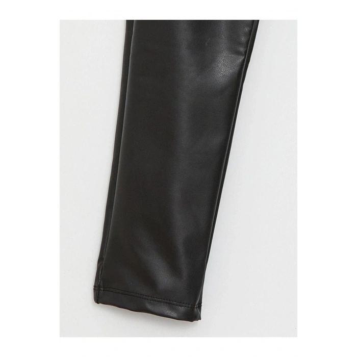 Siyah Beli Lastikli Deri Görünümlü Kız Çocuk Pantolon