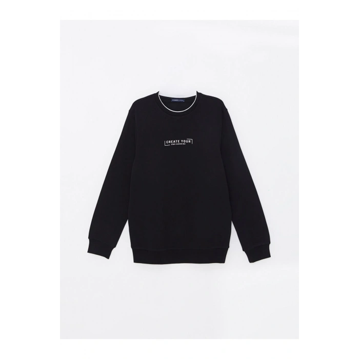 Siyah Bisiklet Yaka Baskılı Erkek Kalın Sweatshirt