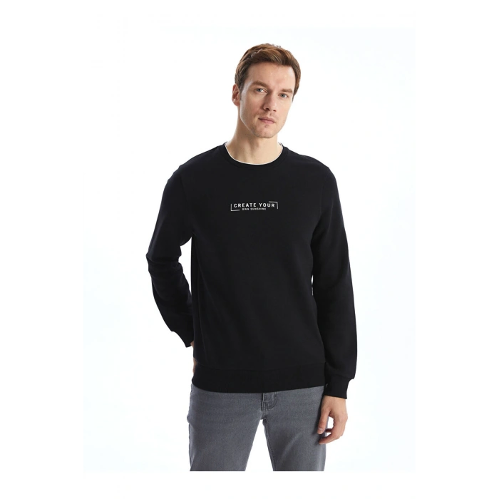 Siyah Bisiklet Yaka Baskılı Erkek Kalın Sweatshirt