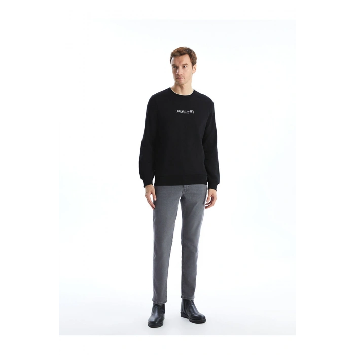 Siyah Bisiklet Yaka Baskılı Erkek Kalın Sweatshirt