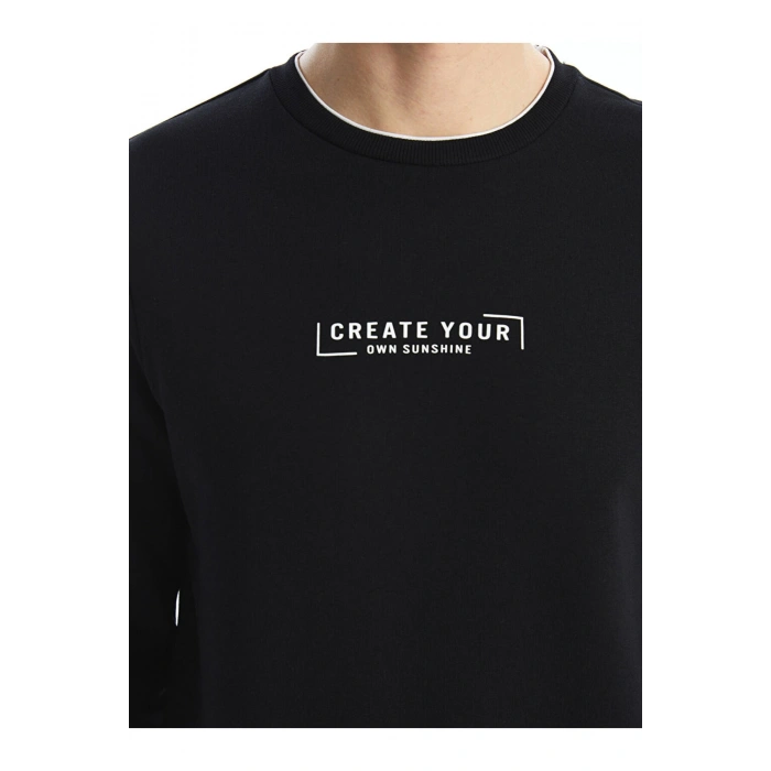 Siyah Bisiklet Yaka Baskılı Erkek Kalın Sweatshirt