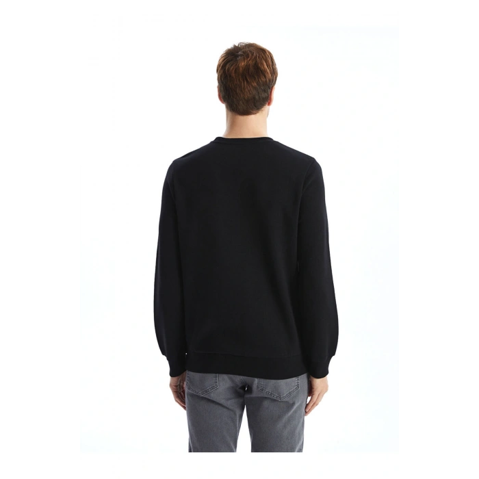 Siyah Bisiklet Yaka Baskılı Erkek Kalın Sweatshirt