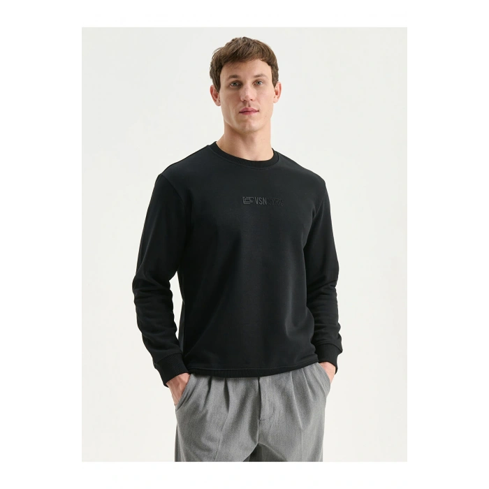 Siyah Bisiklet Yaka Baskılı Erkek Sweatshirt